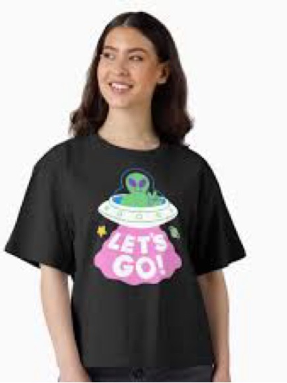 Black Graphic Tee with Alien 'LET'S GO!' Print